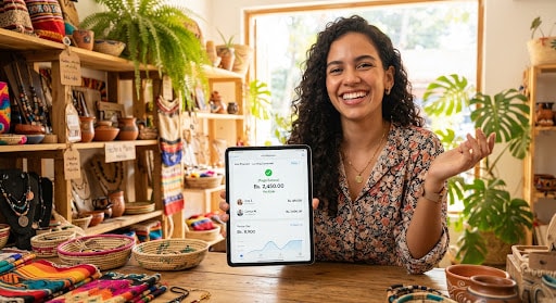 Directora mostrando el portal de pagos de su academia en la tablet