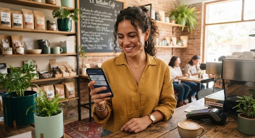 Dueña de cafetería recibiendo un pago desde su teléfono