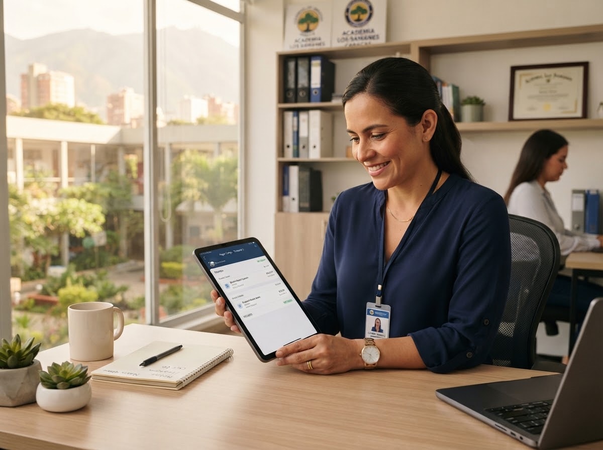 Administradora revisando los pagos conciliados de su academia en la tablet